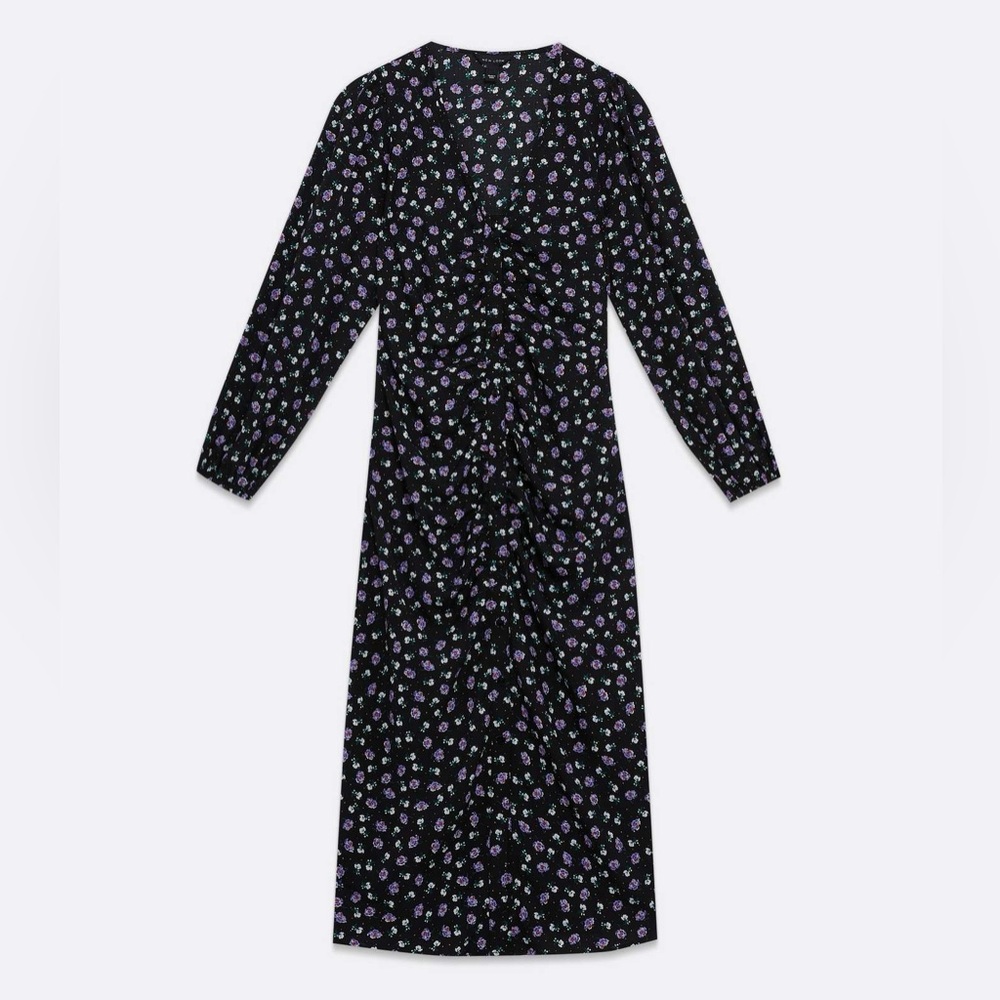 New Look Black Ditsy Floral Spot Crepe Ruched Midi Dress sz 12